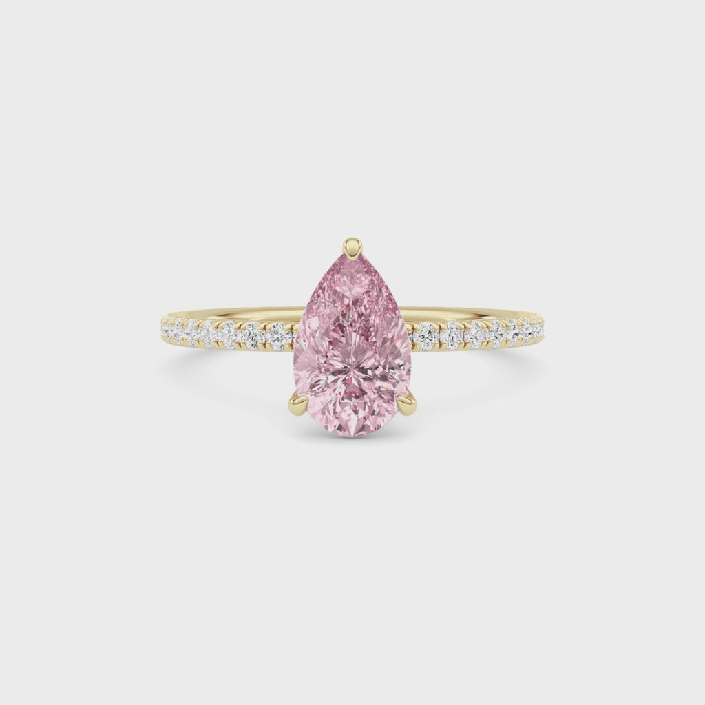 Yellow gold Fancy Pink Pear Cut Diamond Solitaire with Pavé Band