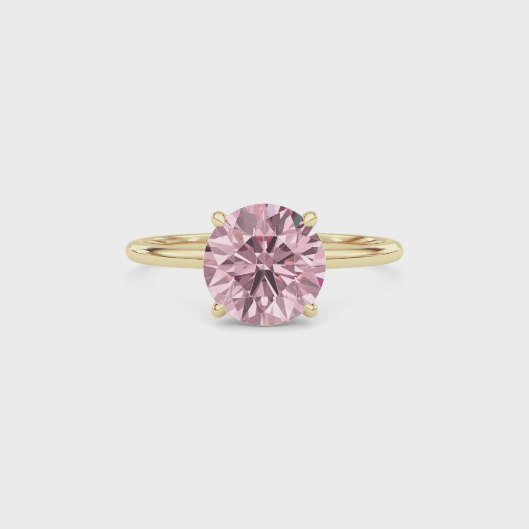 Yellow gold Fancy Pink Round Cut Diamond Hidden Halo Solitaire Engagement Ring with Prong Setting