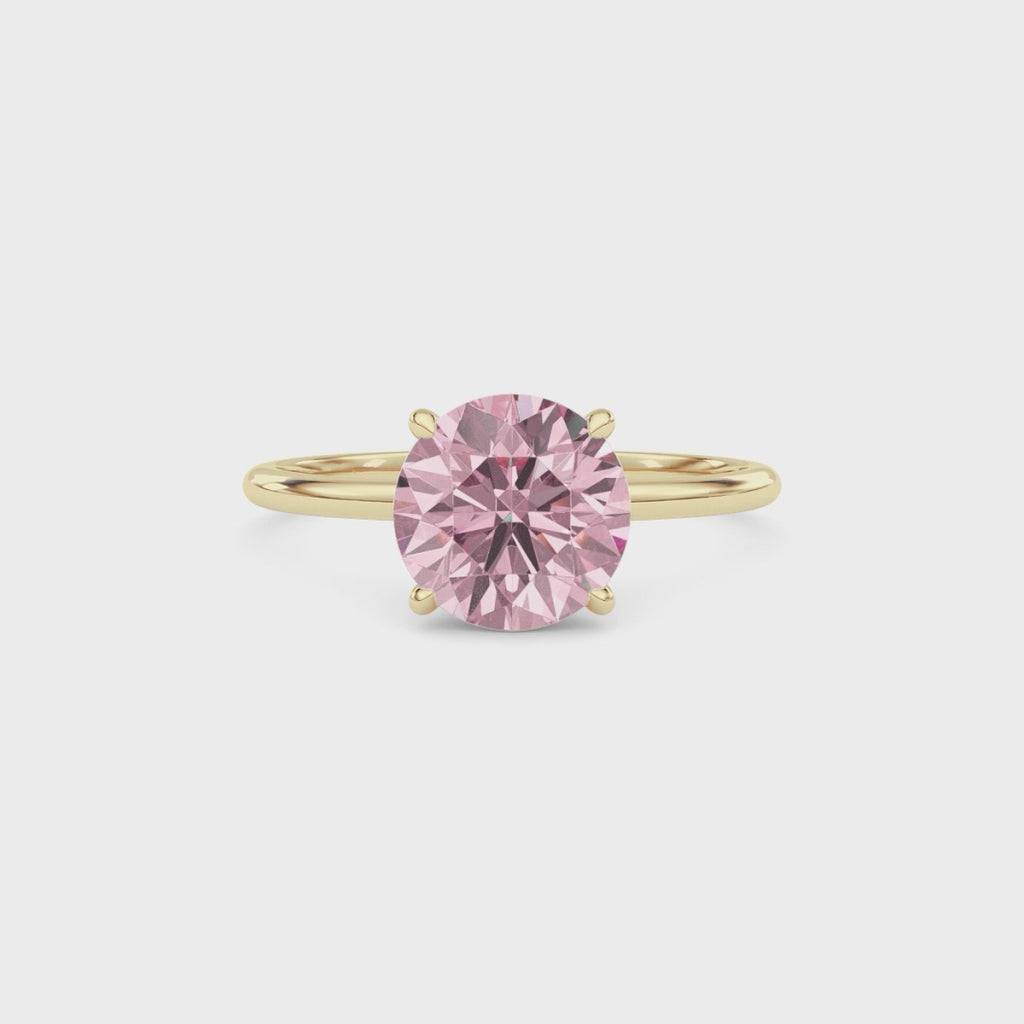 Yellow gold Fancy Pink Round Cut Diamond Hidden Halo Solitaire Engagement Ring with Prong Setting