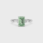 Platinum Three-Stone Fancy Green Emerald Cut Diamond Ring with Tapered Baguette Side Stones