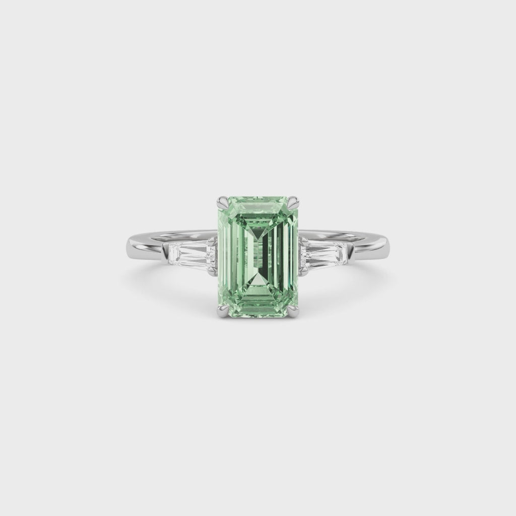 Platinum Three-Stone Fancy Green Emerald Cut Diamond Ring with Tapered Baguette Side Stones