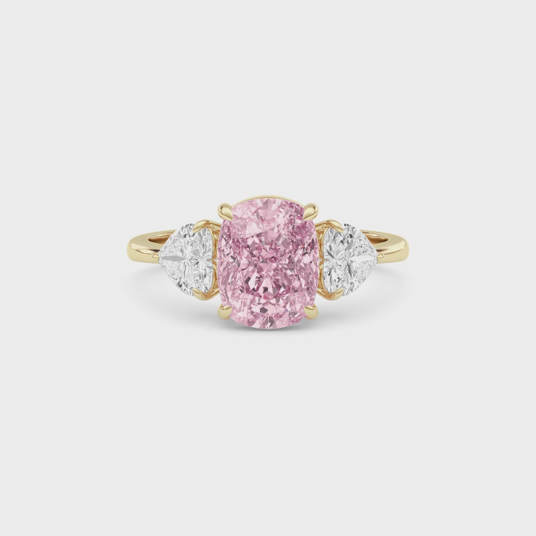 Yellow gold Three-Stone Fancy Pink Cushion Cut Diamond Ring with Heart Side Stones