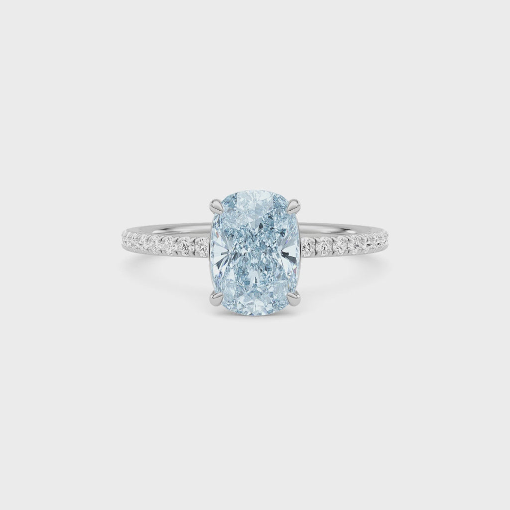 White gold Fancy Blue Cushion Cut Diamond Solitaire with Pavé Band