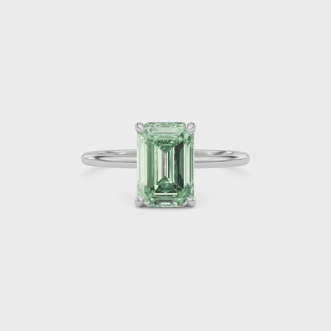 Platinum Fancy Green Emerald Cut Diamond Hidden Halo Solitaire Engagement Ring with Prong Setting