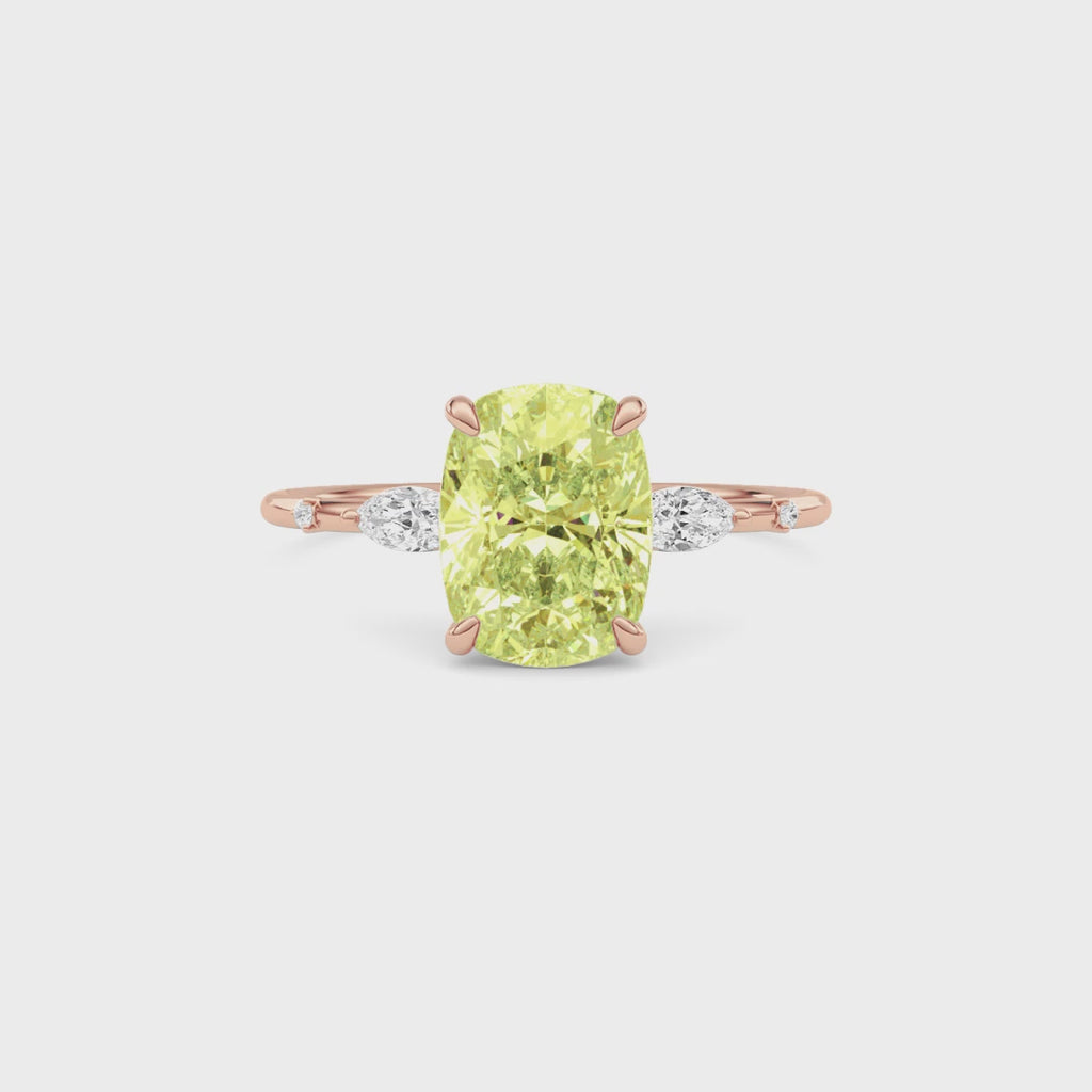 Rose gold Fancy Yellow Cushion Cut Diamond Marquise Side Stone Engagement Ring