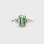 Yellow gold Three-Stone Fancy Green Emerald Cut Diamond Ring with Heart Side Stones