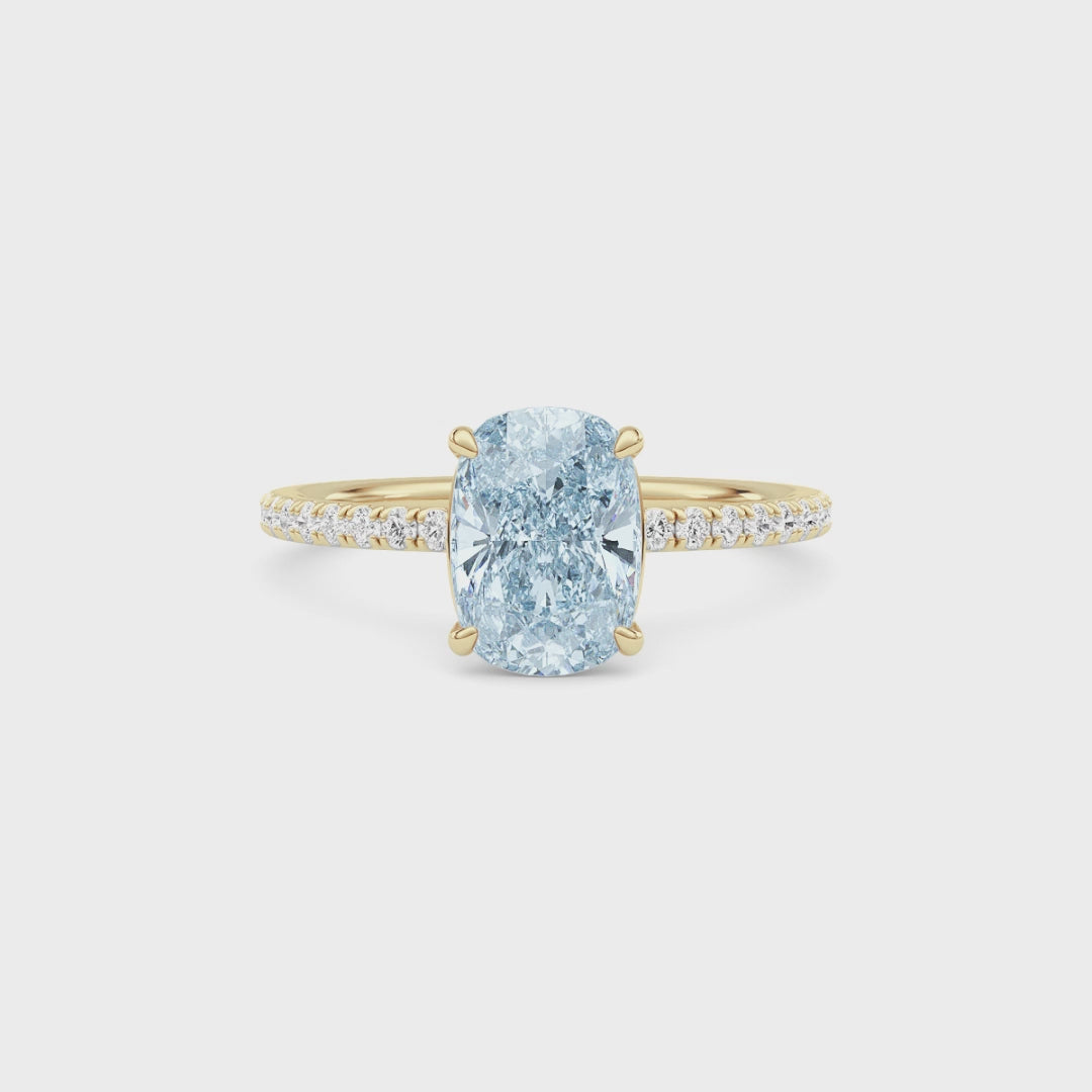 Yellow gold Fancy Blue Cushion Cut Diamond Solitaire with Pavé Band