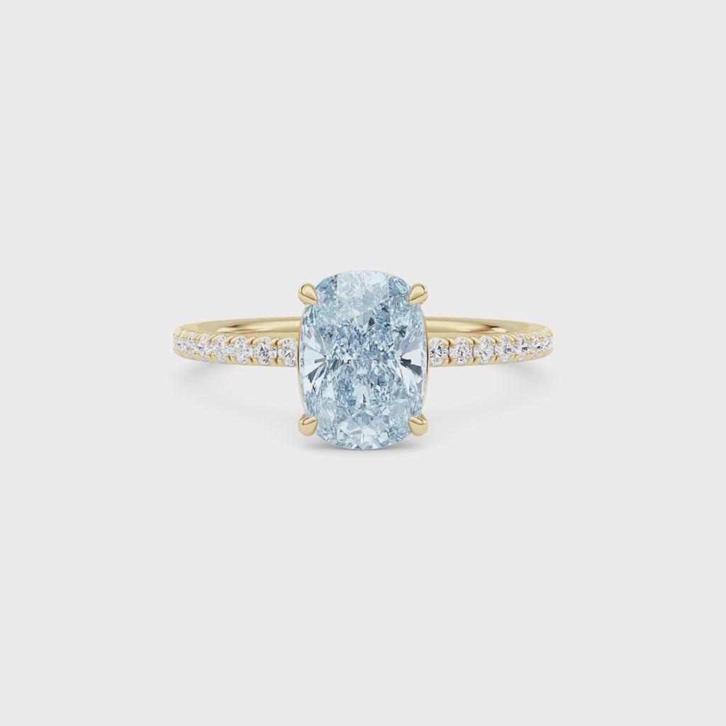 Yellow gold Fancy Blue Cushion Cut Diamond Solitaire with Pavé Band