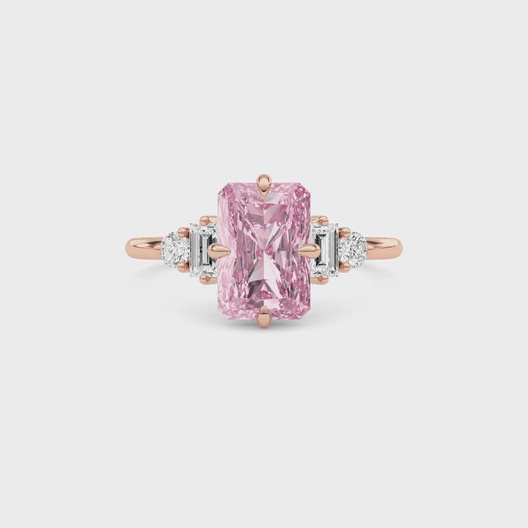 Rose gold Three-Stone Fancy Pink Radiant Cut Diamond Ring with Heart Side Stones