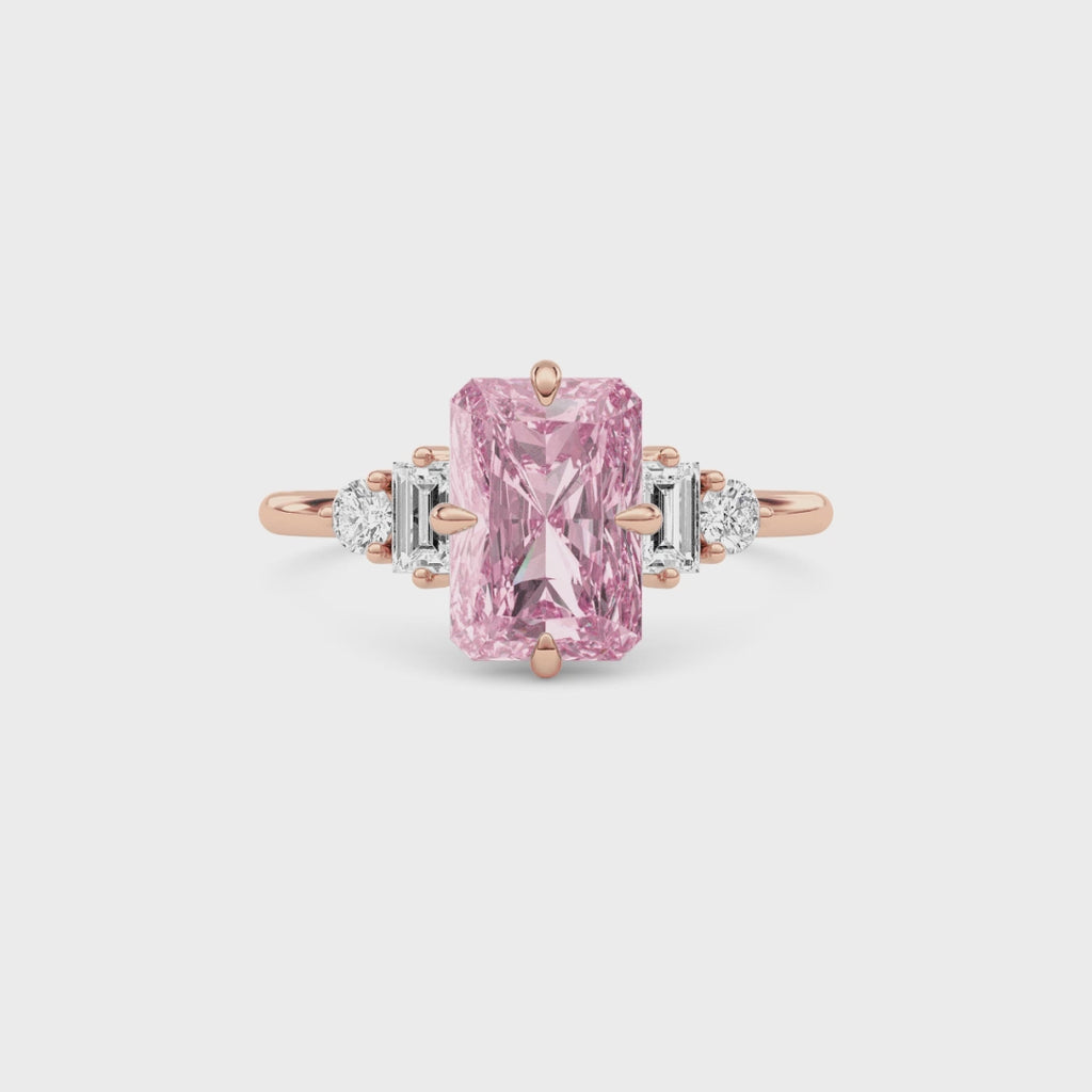 Rose gold Three-Stone Fancy Pink Radiant Cut Diamond Ring with Heart Side Stones