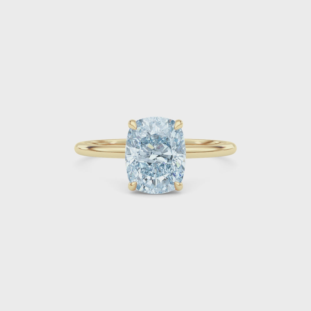 Yellow gold Fancy Blue Cushion Cut Diamond Hidden Halo Solitaire Engagement Ring with Prong Setting