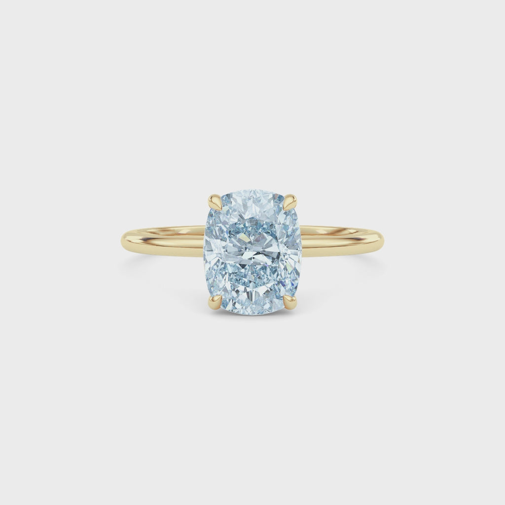 Yellow gold Fancy Blue Cushion Cut Diamond Hidden Halo Solitaire Engagement Ring with Prong Setting