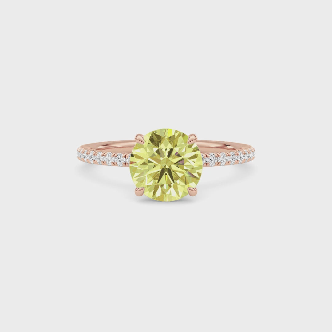 Rose gold Fancy Yellow Round Cut Diamond Solitaire with Pavé Band