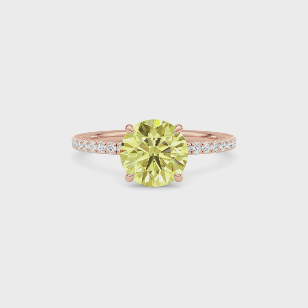 Rose gold Fancy Yellow Round Cut Diamond Solitaire with Pavé Band