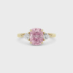 Yellow gold Three-Stone Fancy Pink Cushion Cut Diamond Ring with Trillion Side Stones