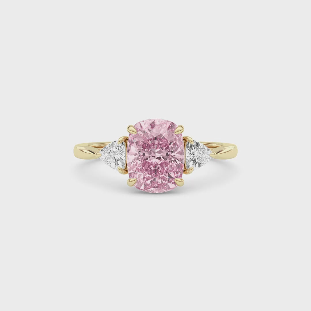 Yellow gold Three-Stone Fancy Pink Cushion Cut Diamond Ring with Trillion Side Stones