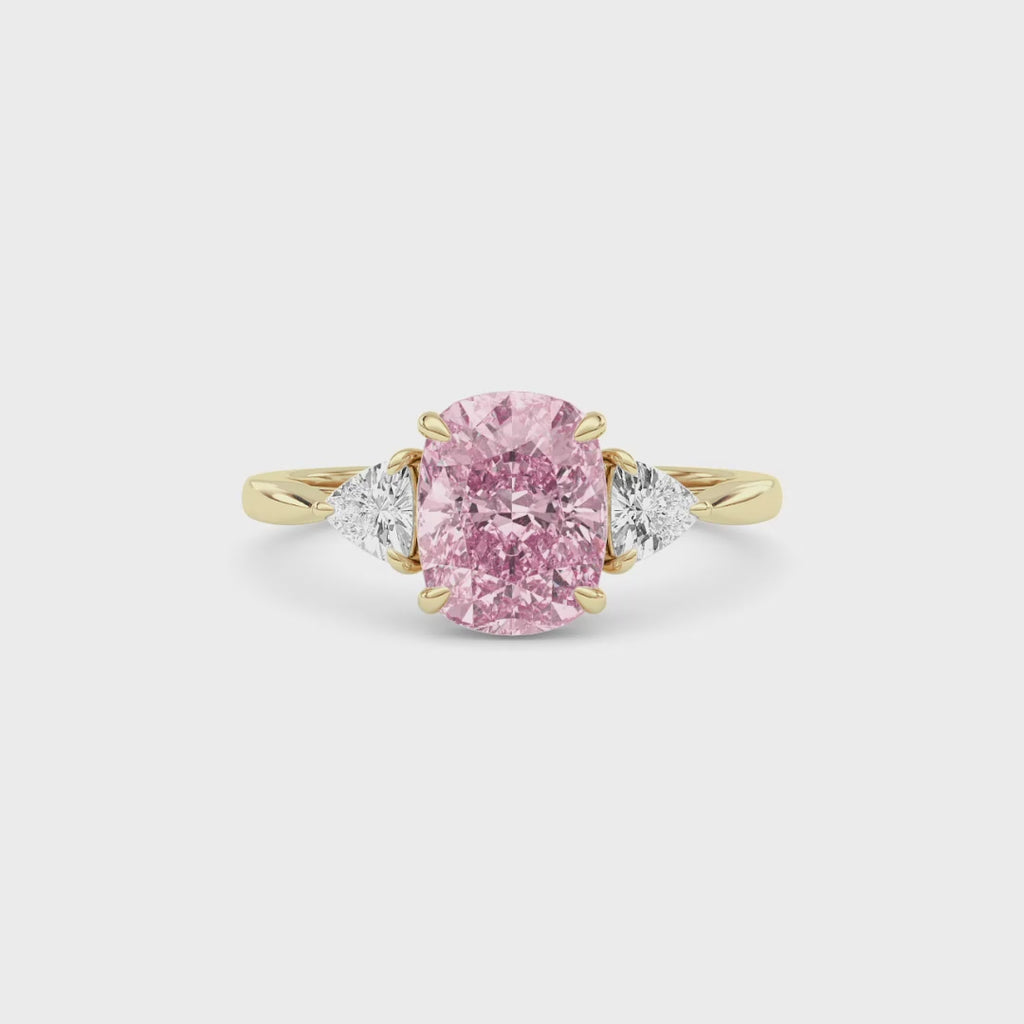 Yellow gold Three-Stone Fancy Pink Cushion Cut Diamond Ring with Trillion Side Stones