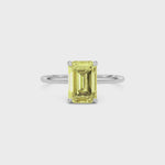 Yellow gold Fancy Yellow Emerald Cut Diamond Hidden Halo Solitaire Engagement Ring with Prong Setting