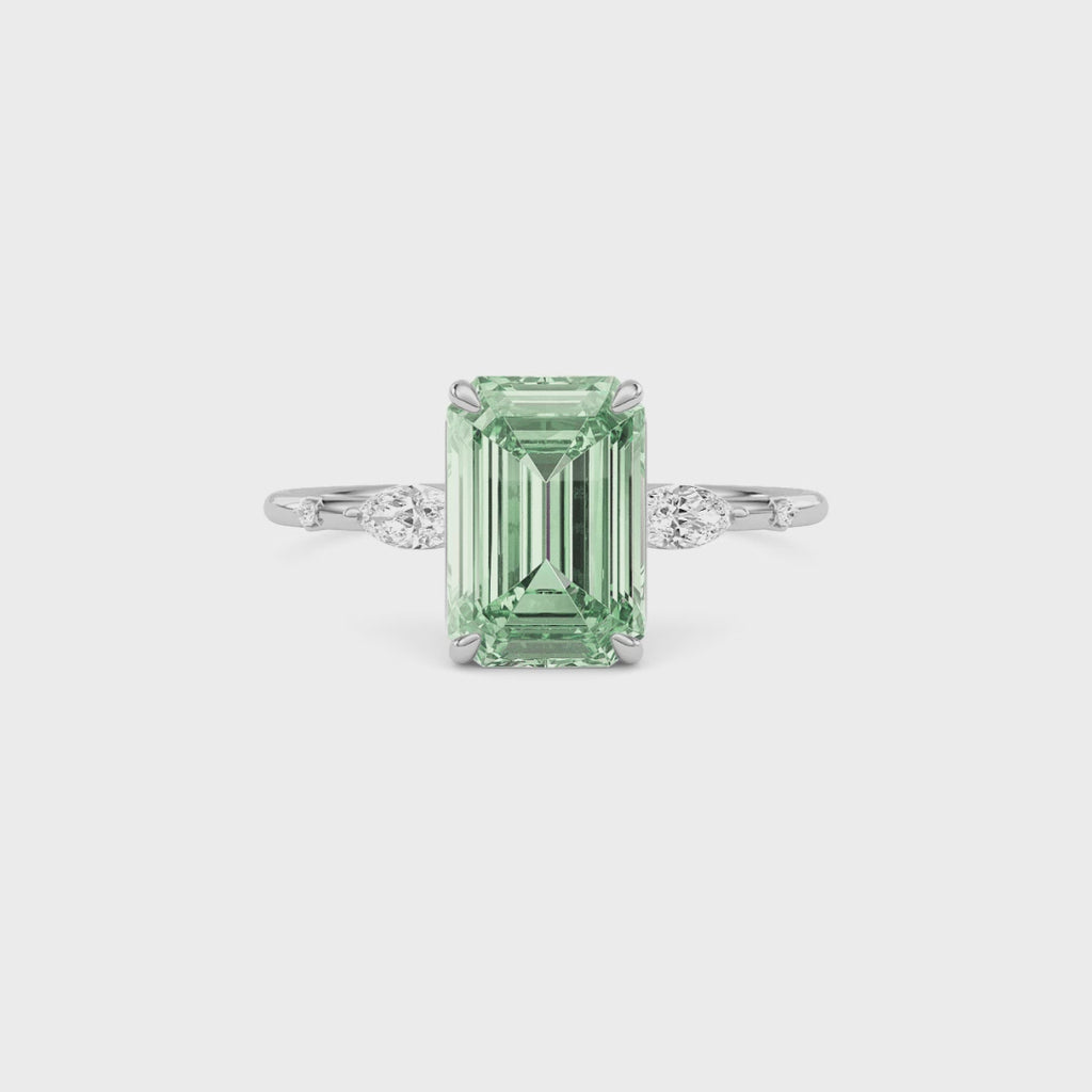 White gold Fancy Green Emerald Cut Diamond Marquise Side Stone Engagement Ring