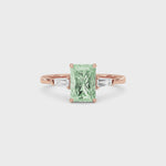 Rose gold Three-Stone Fancy Green Radiant Cut Diamond Ring with Tapered Baguette Side Stones