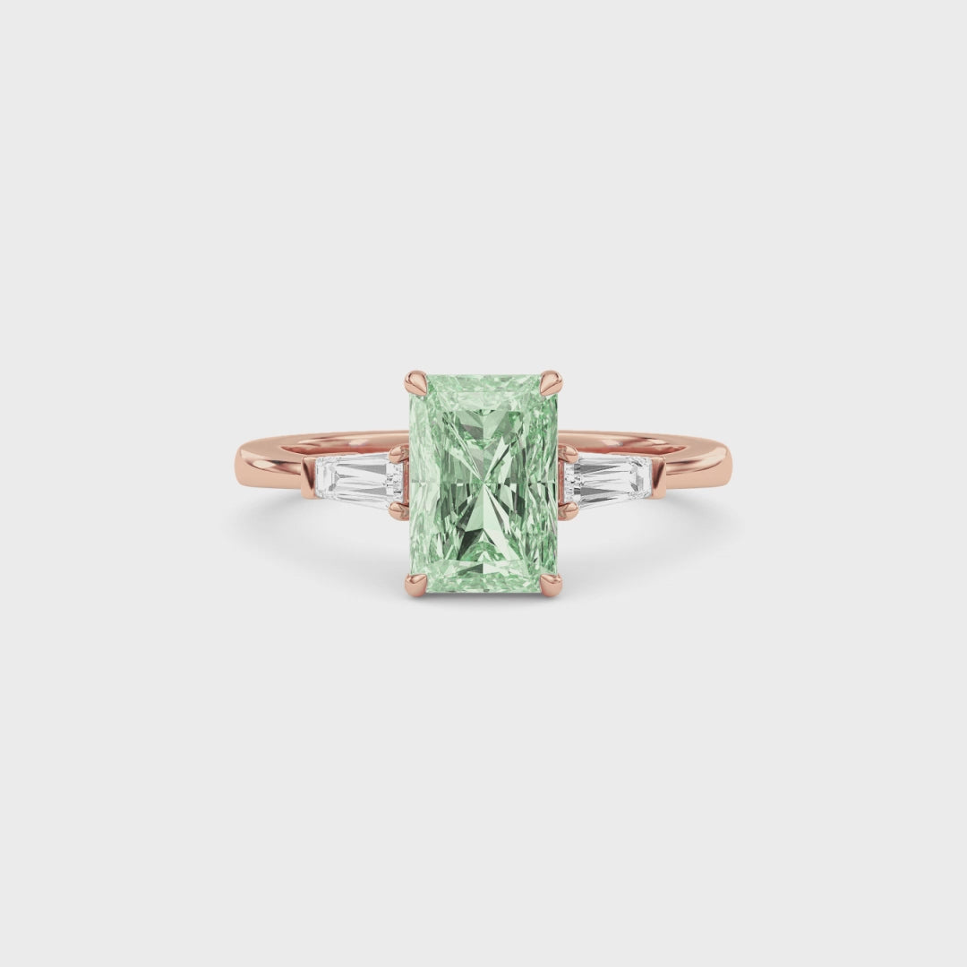 Rose gold Three-Stone Fancy Green Radiant Cut Diamond Ring with Tapered Baguette Side Stones