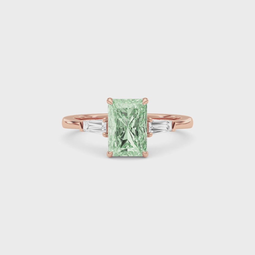 Rose gold Three-Stone Fancy Green Radiant Cut Diamond Ring with Tapered Baguette Side Stones