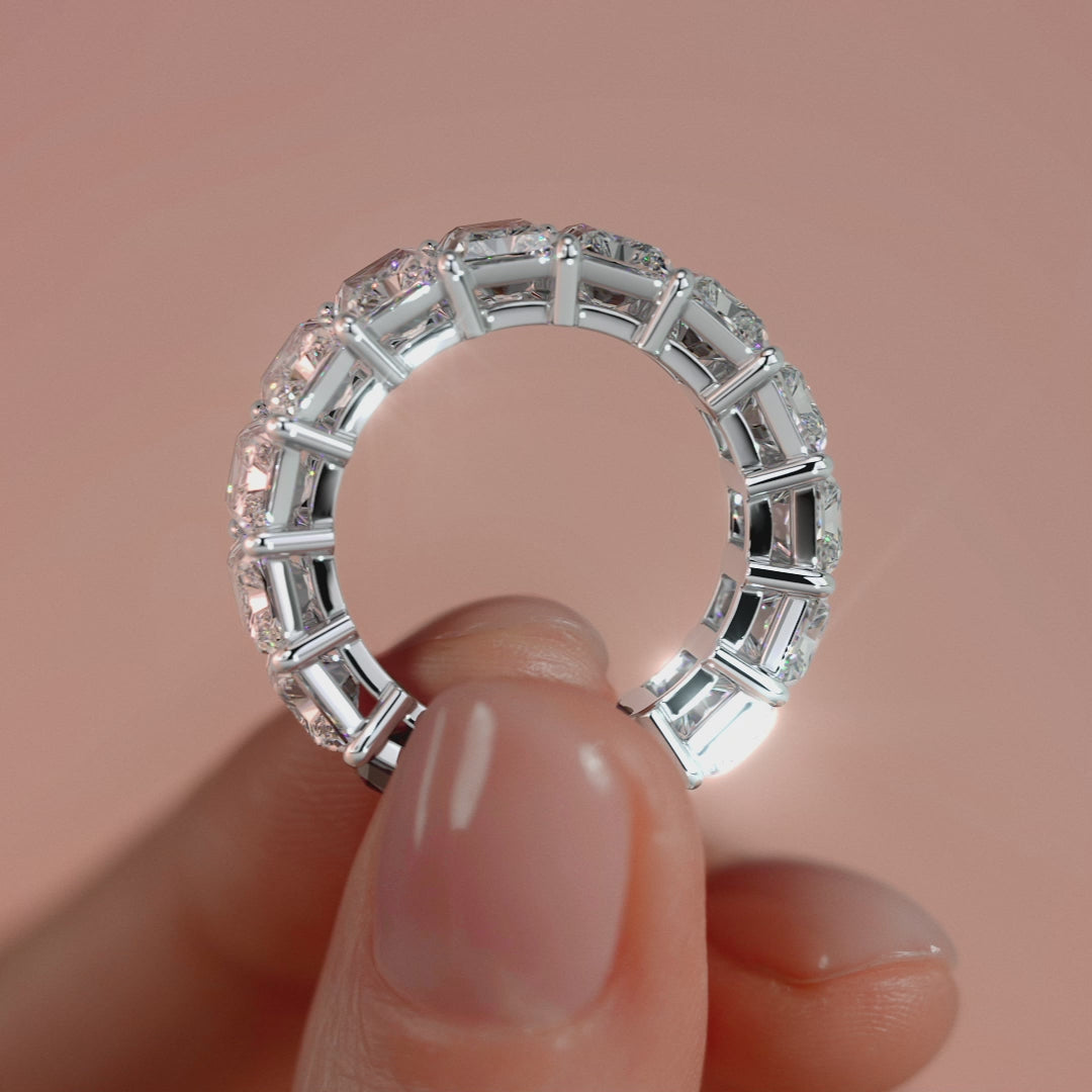 White gold Radiant Diamond Full Eternity Band with Shared Prong Setting