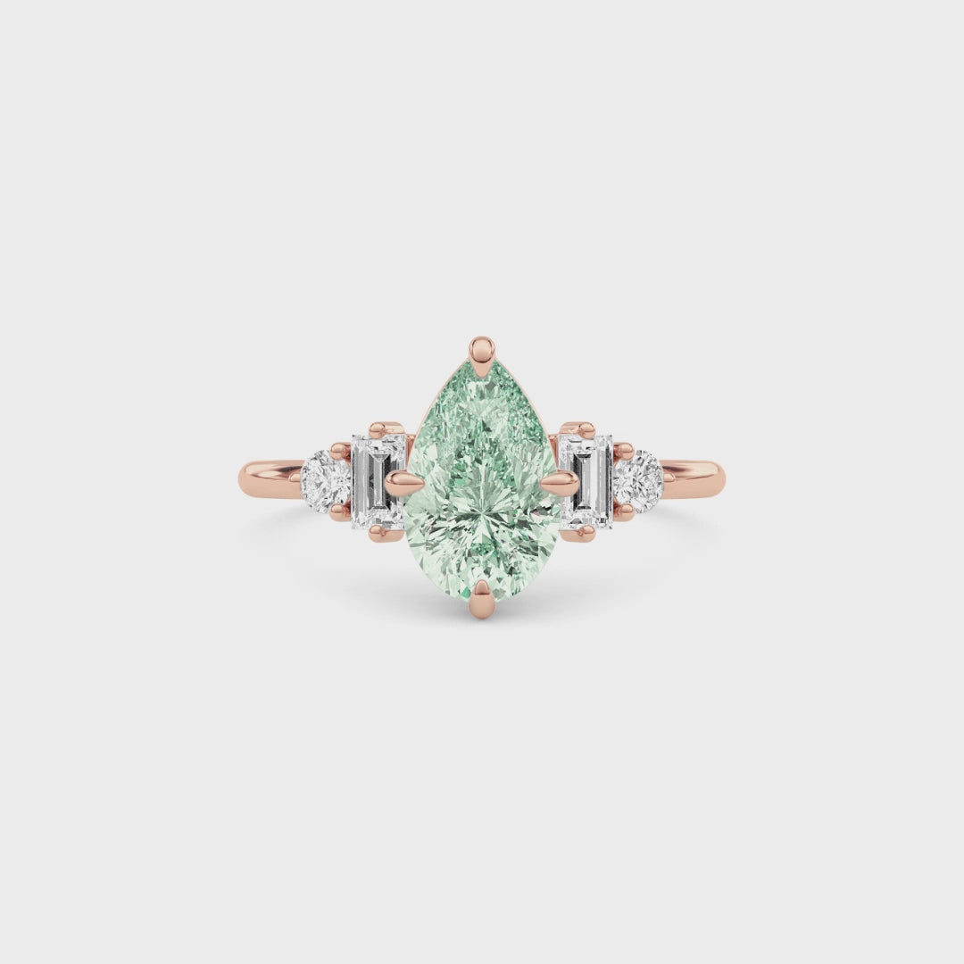 Rose gold Fancy Green Pear Cut Three Stone Diamond Engagement Ring with Tapered Baguette and Round Side Stones