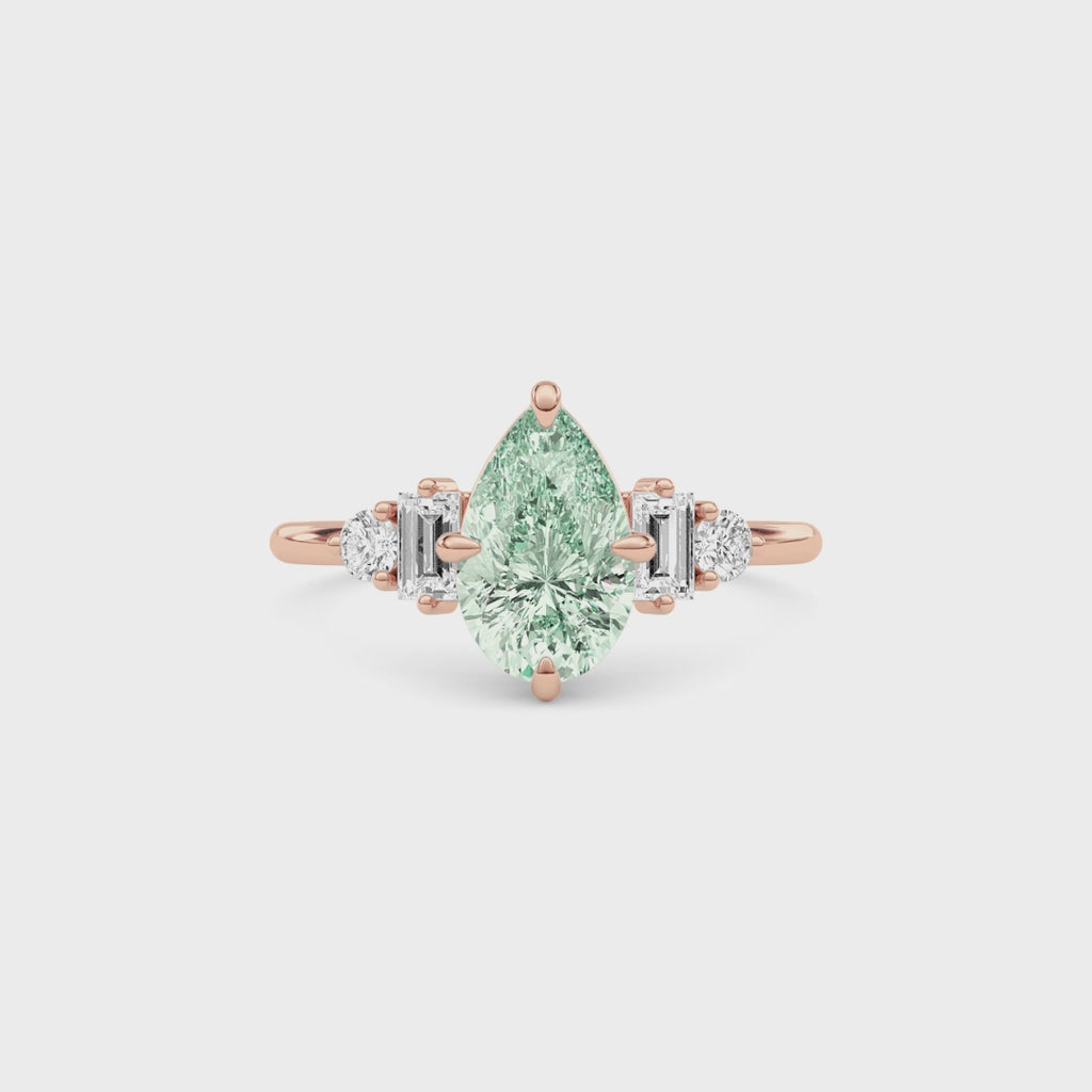 Rose gold Fancy Green Pear Cut Three Stone Diamond Engagement Ring with Tapered Baguette and Round Side Stones