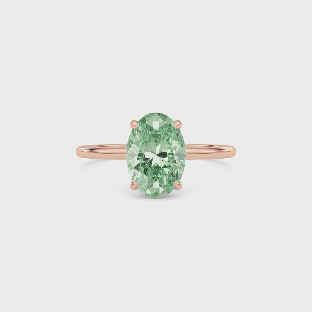 Rose gold Fancy Green Oval Cut Diamond Hidden Halo Solitaire Engagement Ring with Prong Setting