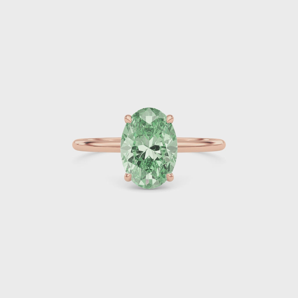 Rose gold Fancy Green Oval Cut Diamond Hidden Halo Solitaire Engagement Ring with Prong Setting