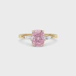Yellow gold Three-Stone Fancy Pink Cushion Cut Diamond Ring with Tapered Baguette Side Stones
