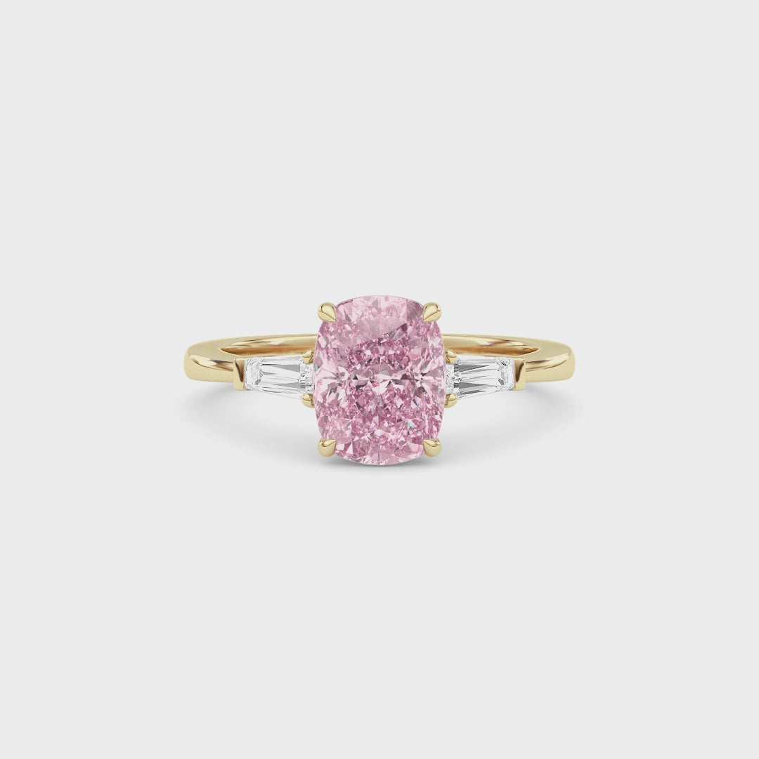 Yellow gold Three-Stone Fancy Pink Cushion Cut Diamond Ring with Tapered Baguette Side Stones