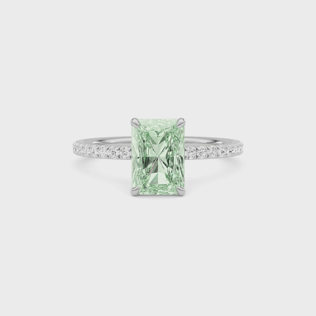 White gold Fancy Green Radiant Cut Diamond Solitaire with Pavé Band