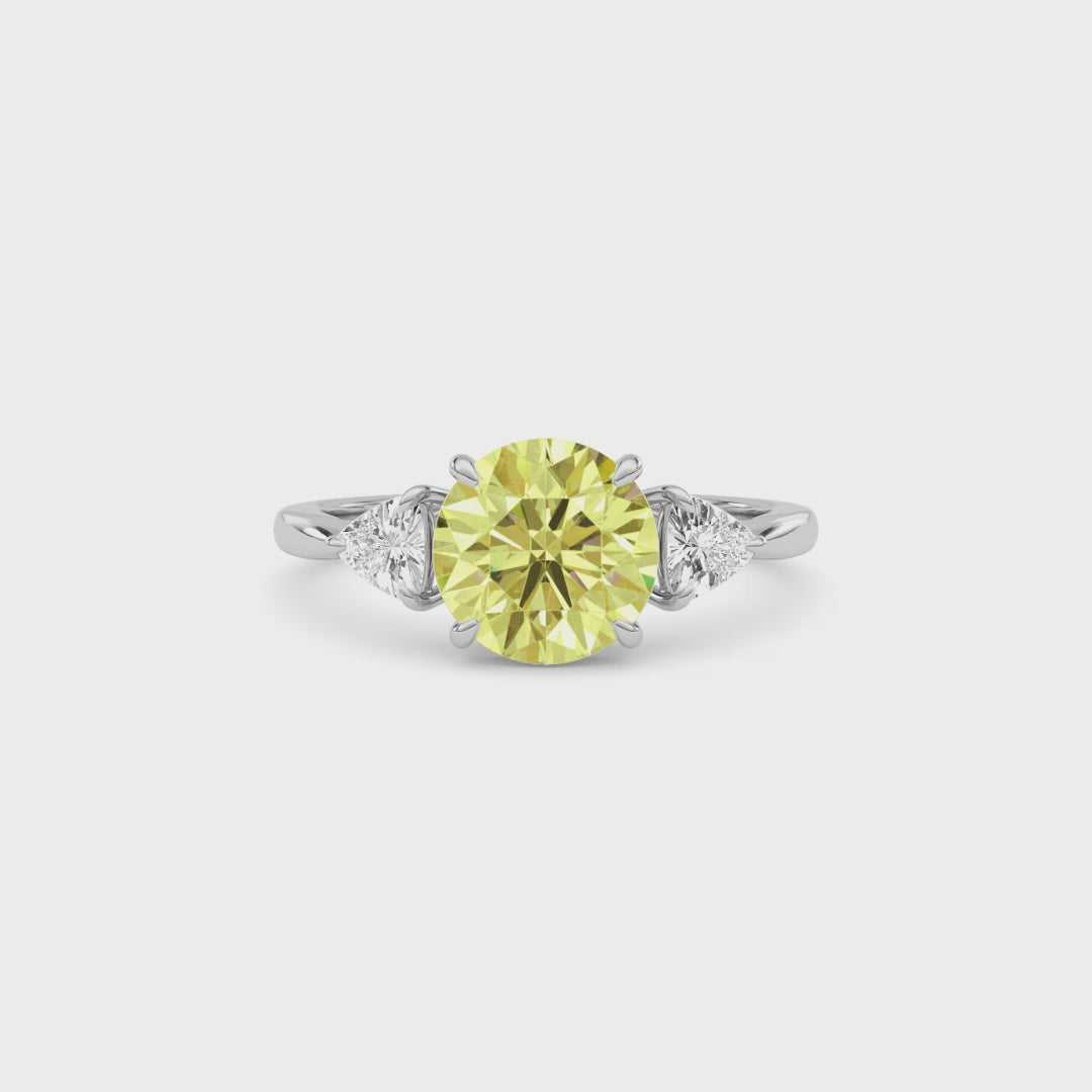 Yellow gold Three-Stone Fancy Yellow Round Cut Diamond Ring with Trillion Side Stones