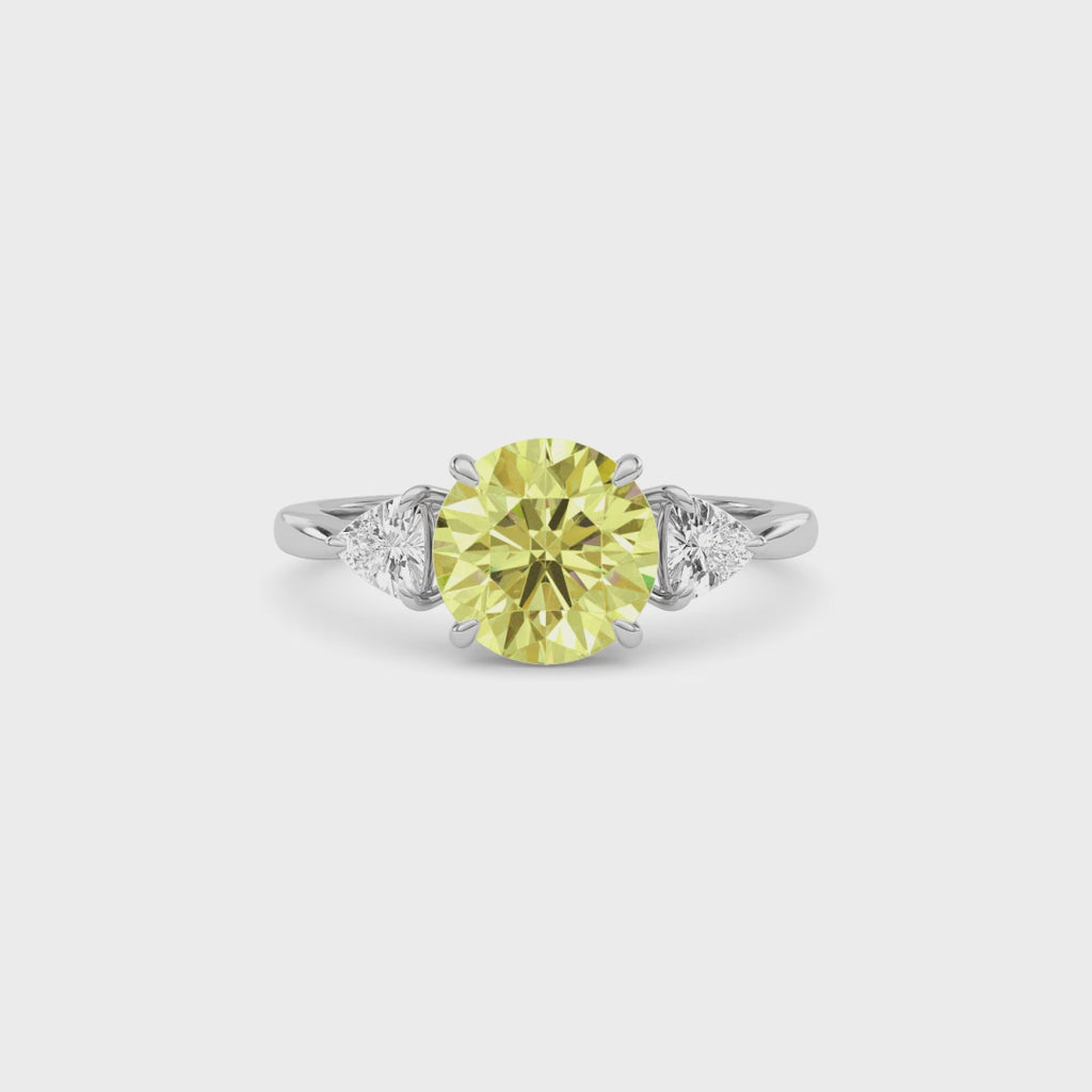 Yellow gold Three-Stone Fancy Yellow Round Cut Diamond Ring with Trillion Side Stones