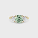 Yellow gold Three-Stone Fancy Green Round Cut Diamond Ring with Heart Side Stones