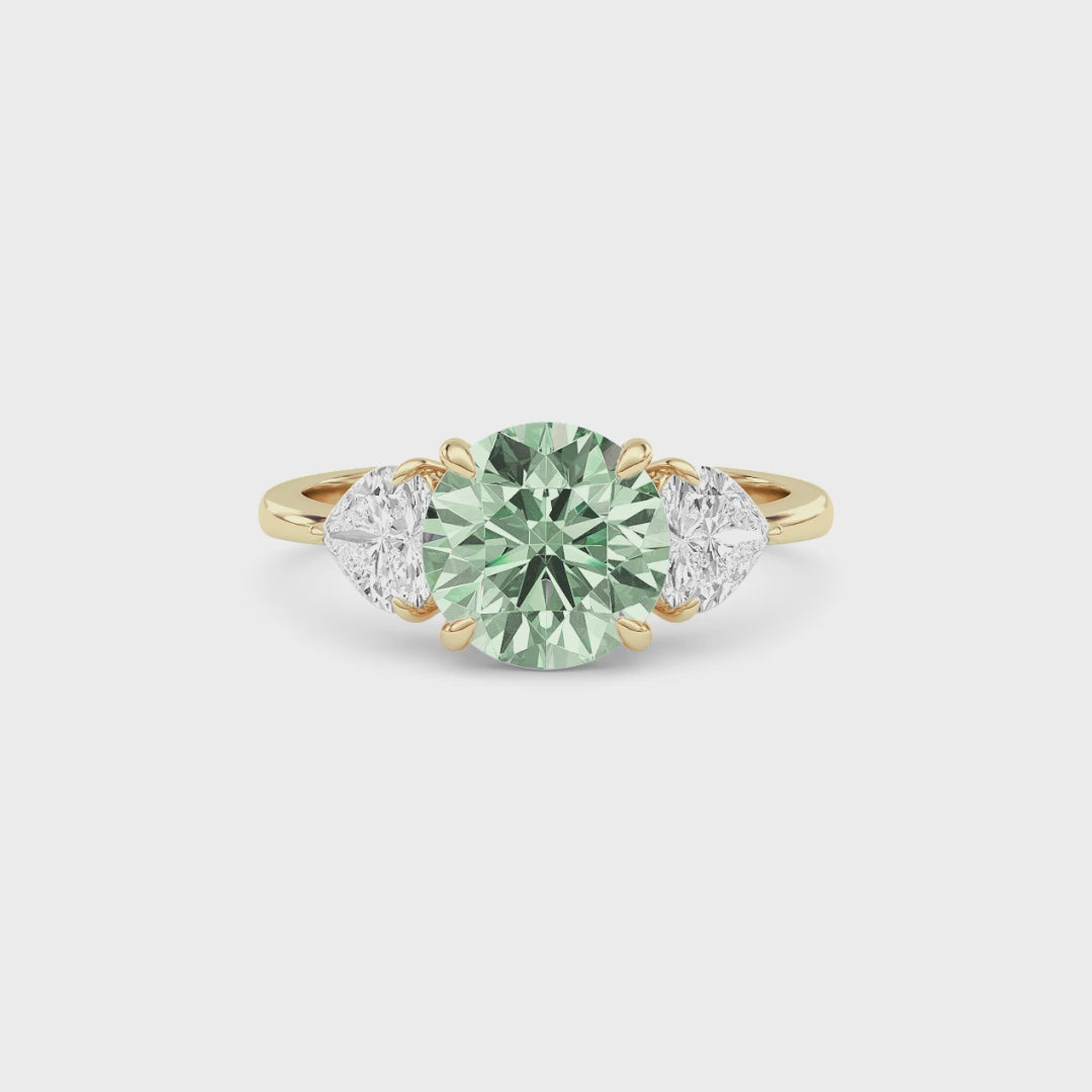 Yellow gold Three-Stone Fancy Green Round Cut Diamond Ring with Heart Side Stones