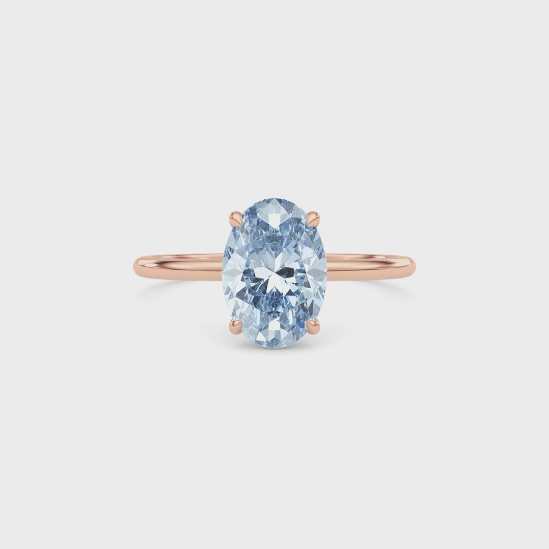 Rose gold Fancy Blue Oval Cut Diamond Hidden Halo Solitaire Engagement Ring with Prong Setting