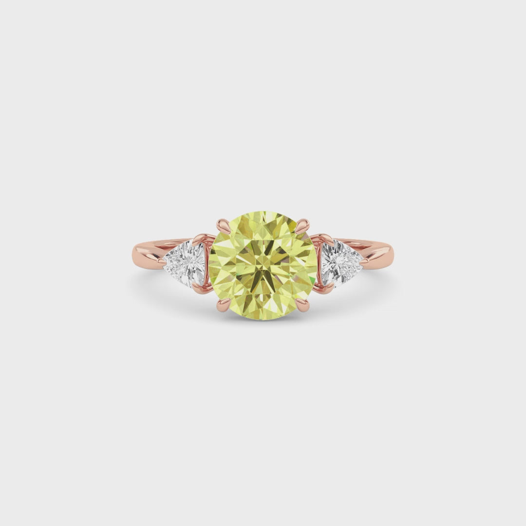Rose gold Three-Stone Fancy Yellow Round Cut Diamond Ring with Trillion Side Stones