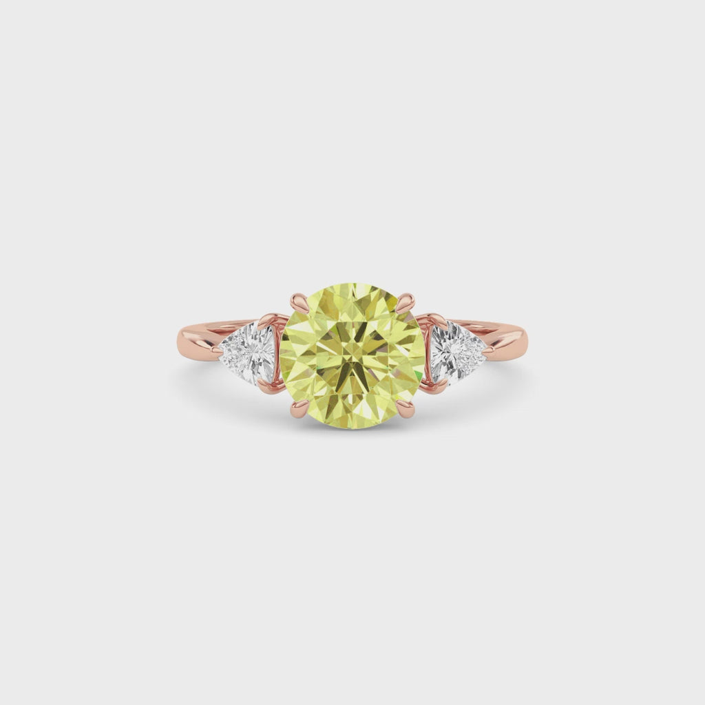 Rose gold Three-Stone Fancy Yellow Round Cut Diamond Ring with Trillion Side Stones