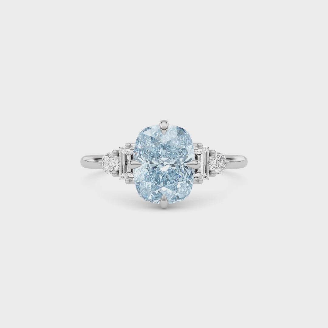 Silver Fancy Blue Cushion Cut Three Stone Diamond Engagement Ring with Tapered Baguette and Round Side Stones
