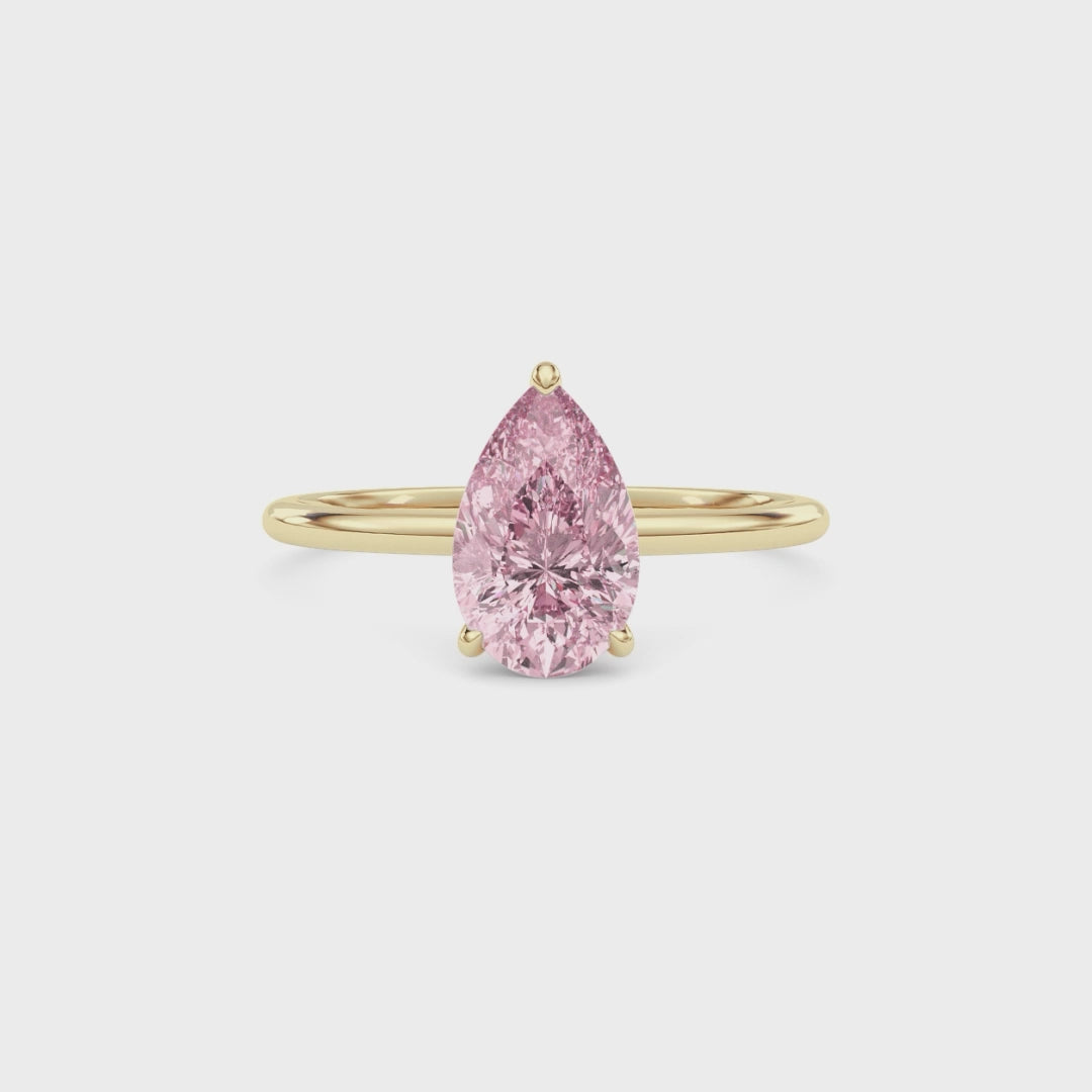 Yellow gold Fancy Pink Pear Cut Diamond Hidden Halo Solitaire Engagement Ring with Prong Setting