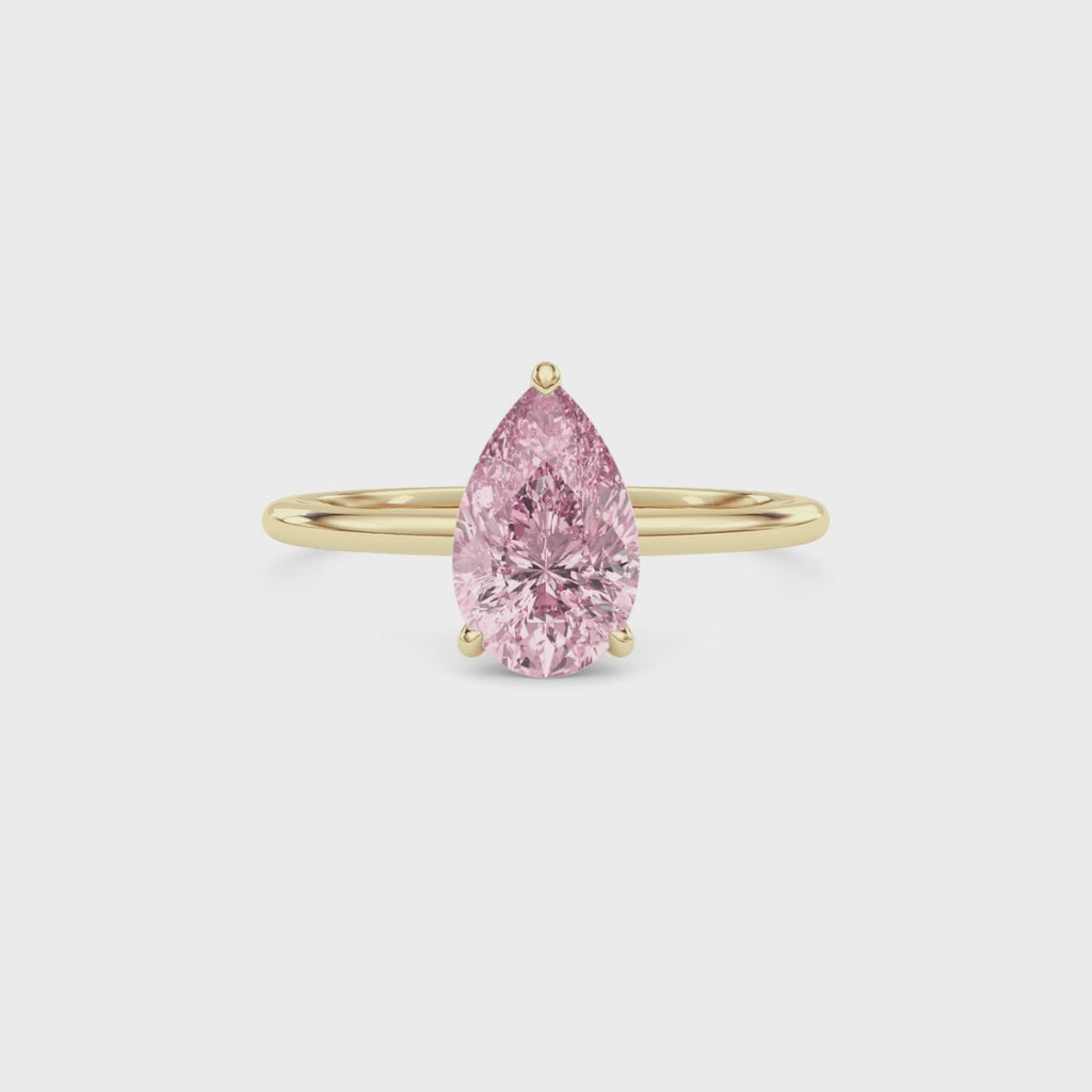 Yellow gold Fancy Pink Pear Cut Diamond Hidden Halo Solitaire Engagement Ring with Prong Setting