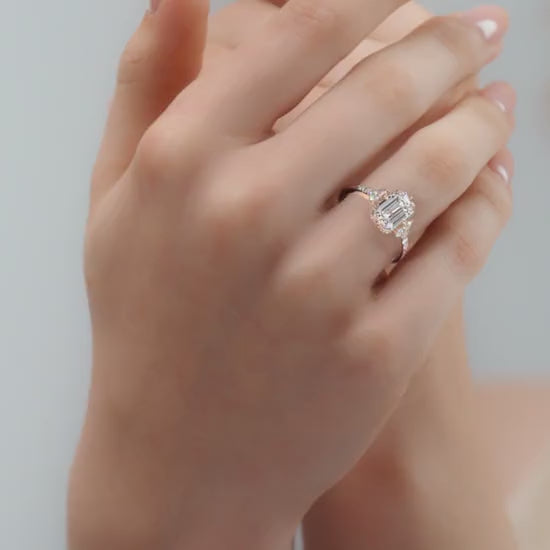 Rose gold Emerald Diamond Side Stone Engagement Ring with Cluster Accents