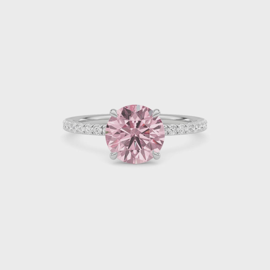 Platinum Fancy Pink Round Cut Diamond Solitaire with Pavé Band