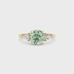 Yellow gold Three-Stone Fancy Green Round Cut Diamond Ring with Trillion Side Stones