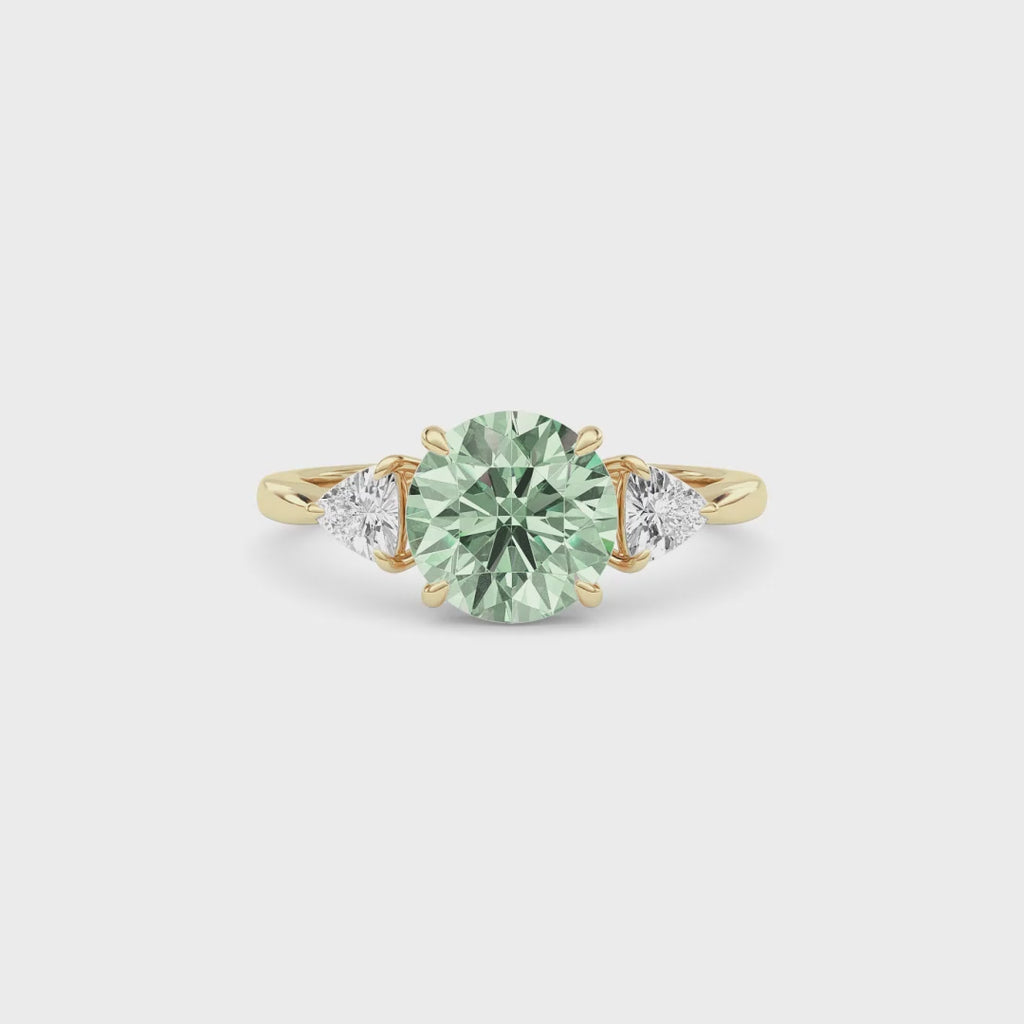 Yellow gold Three-Stone Fancy Green Round Cut Diamond Ring with Trillion Side Stones