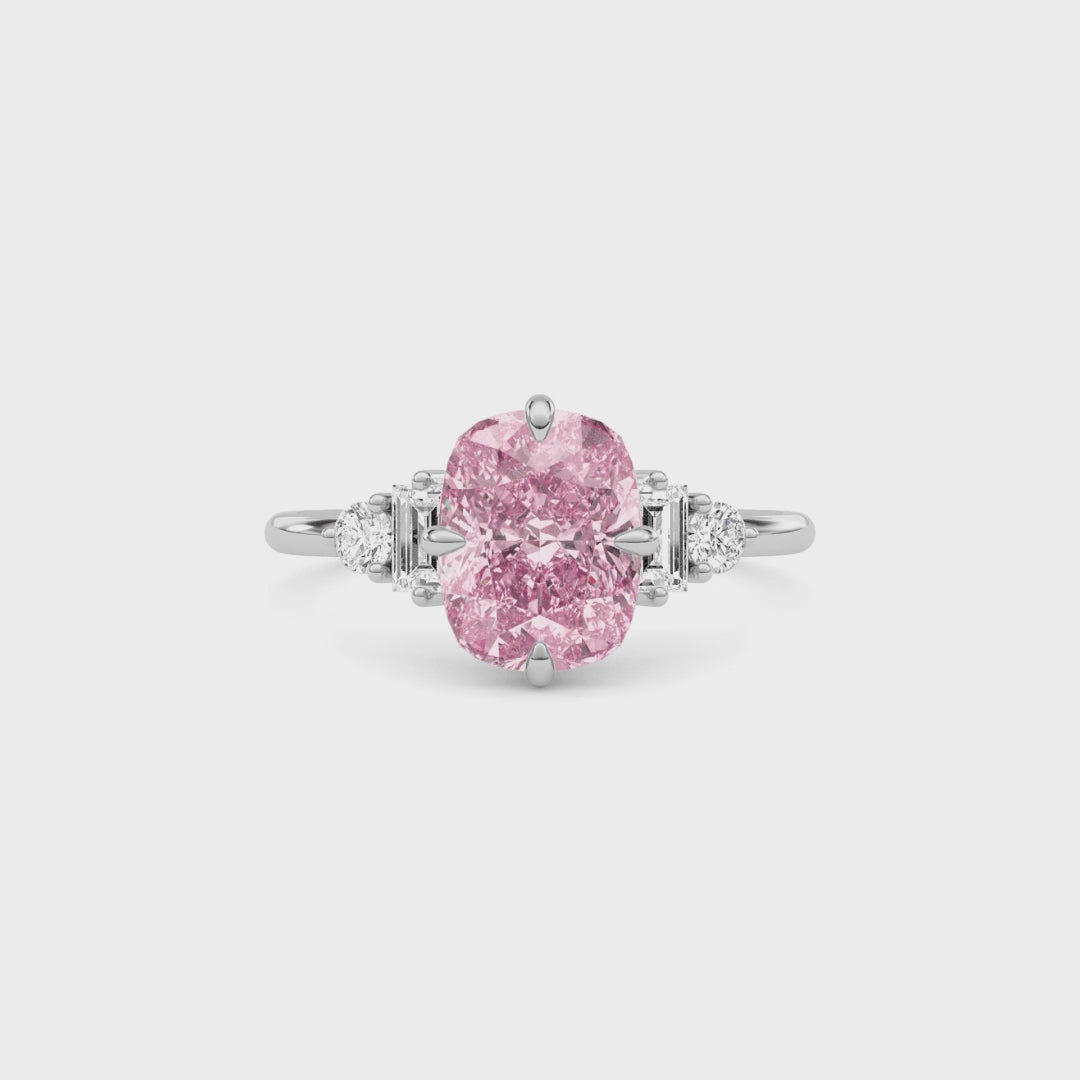 Silver Fancy Pink Cushion Cut Three Stone Diamond Engagement Ring with Tapered Baguette and Round Side Stones
