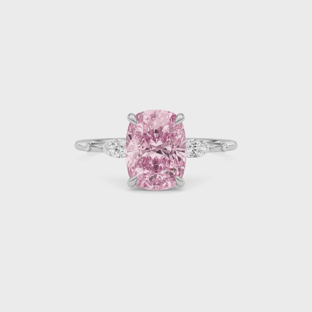 Silver Fancy Pink Cushion Cut Diamond Marquise Side Stone Engagement Ring